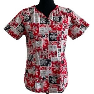 Peaches Sport Red and Black Snowflake Uniform Scrub Top